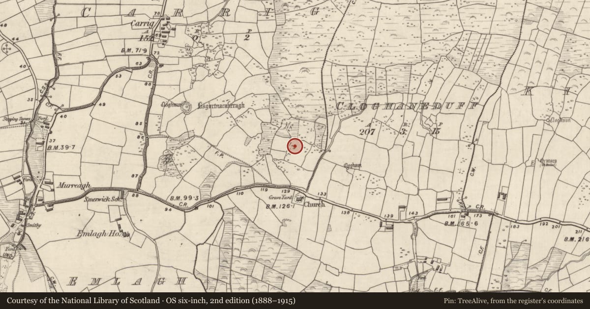 Ordnance Survey six-inch map, 2nd edition (1888–1915) covering the location of Hut site, An Charraig, County Kerry, with a pin at the register's coordinates