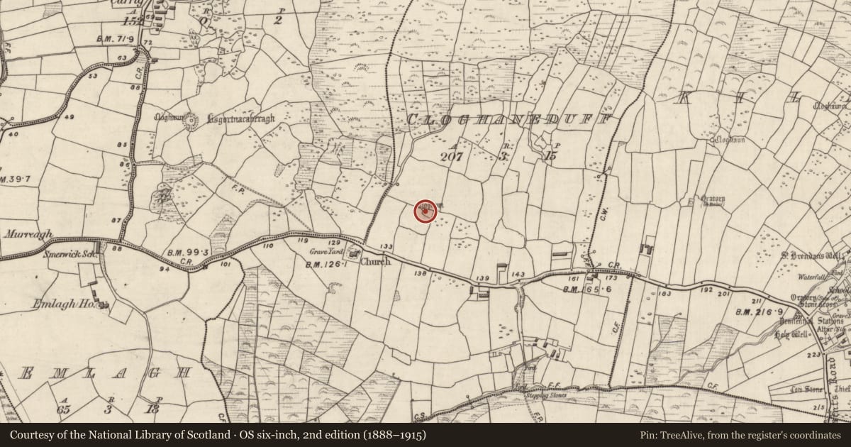 Ordnance Survey six-inch map, 2nd edition (1888–1915) covering the location of Hut site, An Clochán Dubh, County Kerry, with a pin at the register's coordinates