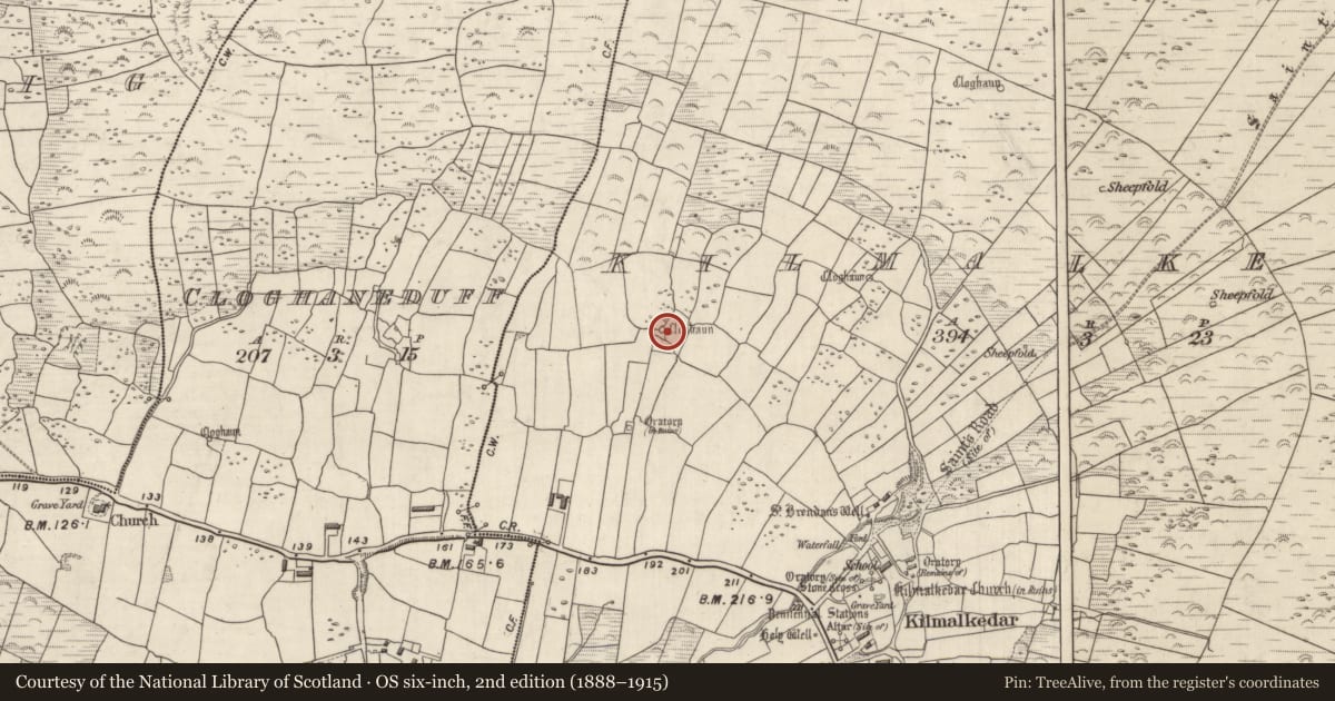 Ordnance Survey six-inch map, 2nd edition (1888–1915) covering the location of Souterrain, Cill Maoilchéadair, County Kerry, with a pin at the register's coordinates