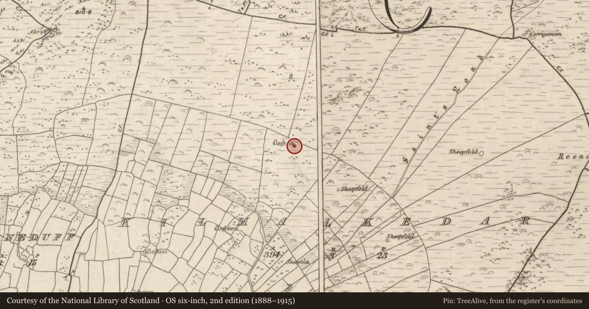 Ordnance Survey six-inch map, 2nd edition (1888–1915) covering the location of Hut site, Cill Maoilchéadair, County Kerry, with a pin at the register's coordinates
