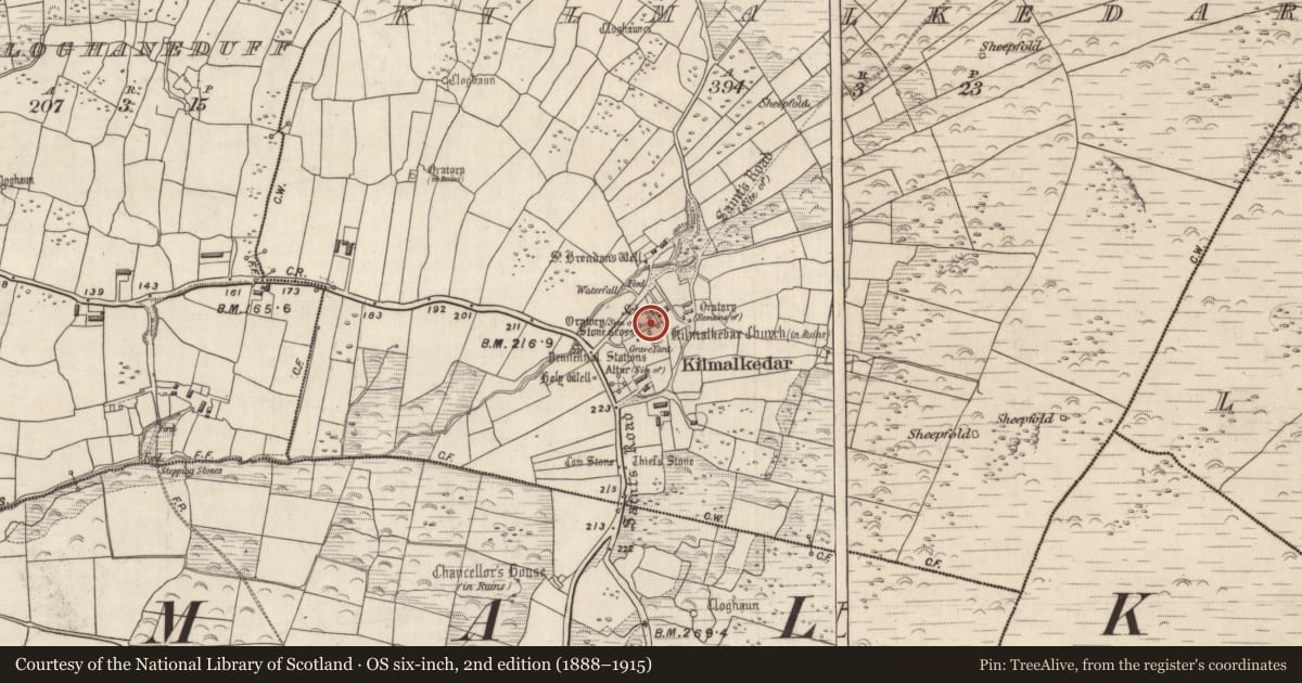 Ordnance Survey six-inch map, 2nd edition (1888–1915) covering the location of Ecclesiastical site, Cill Maoilchéadair, County Kerry, with a pin at the register's coordinates