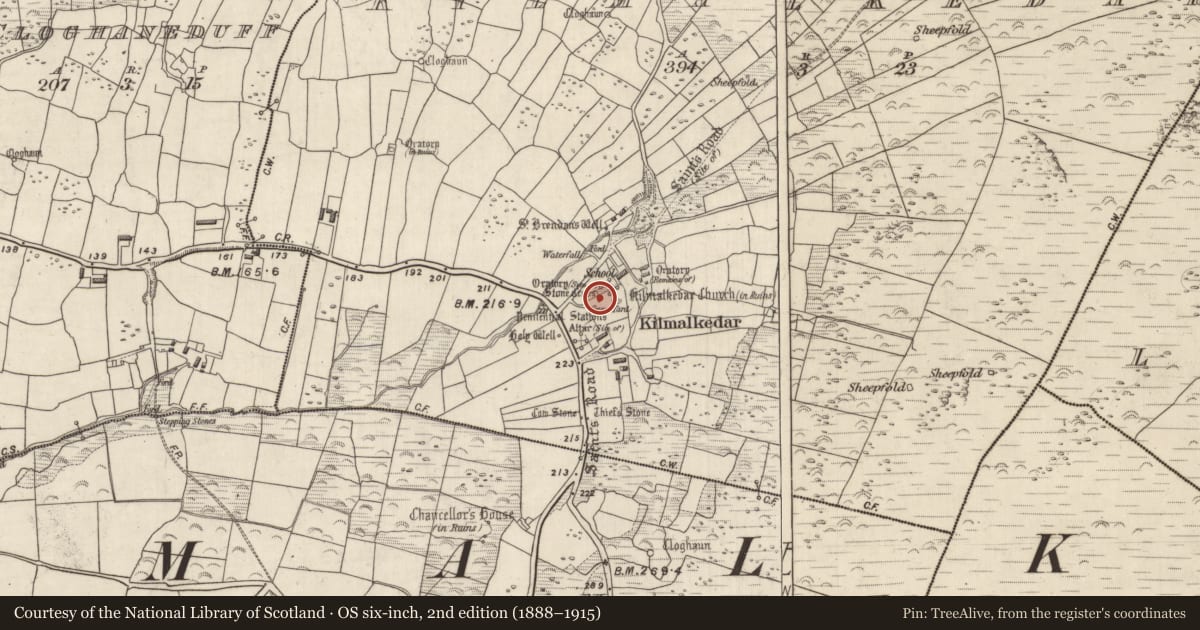 Ordnance Survey six-inch map, 2nd edition (1888–1915) covering the location of Ogham stone, Cill Maoilchéadair, County Kerry, with a pin at the register's coordinates