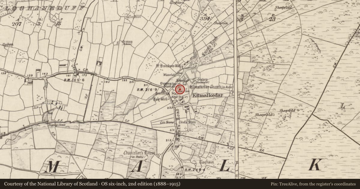 Ordnance Survey six-inch map, 2nd edition (1888–1915) covering the location of Sundial, Cill Maoilchéadair, County Kerry, with a pin at the register's coordinates