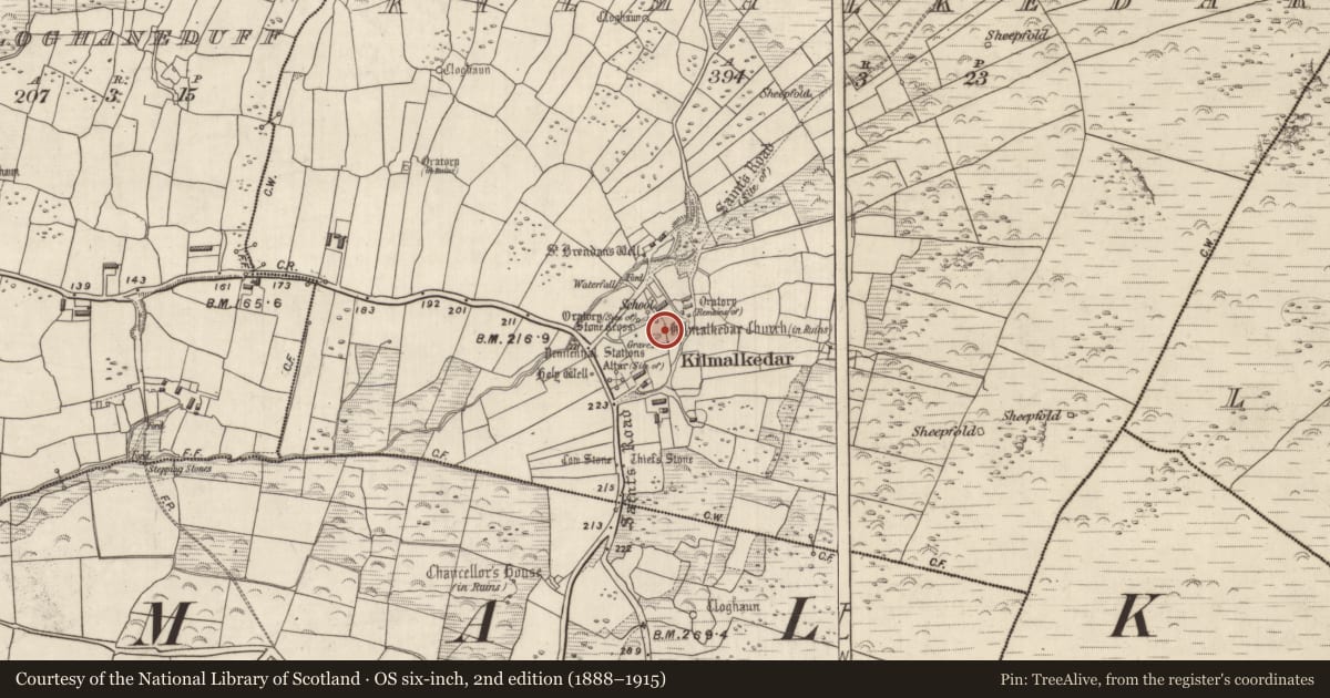 Ordnance Survey six-inch map, 2nd edition (1888–1915) covering the location of Cross-slab, Cill Maoilchéadair, County Kerry, with a pin at the register's coordinates