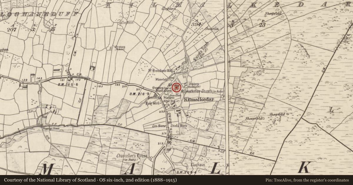 Ordnance Survey six-inch map, 2nd edition (1888–1915) covering the location of Church, Cill Maoilchéadair, County Kerry, with a pin at the register's coordinates
