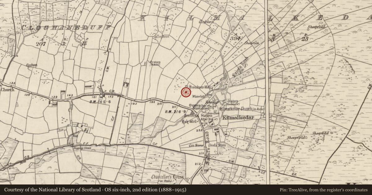 Ordnance Survey six-inch map, 2nd edition (1888–1915) covering the location of Bullaun stone, Cill Maoilchéadair, County Kerry, with a pin at the register's coordinates