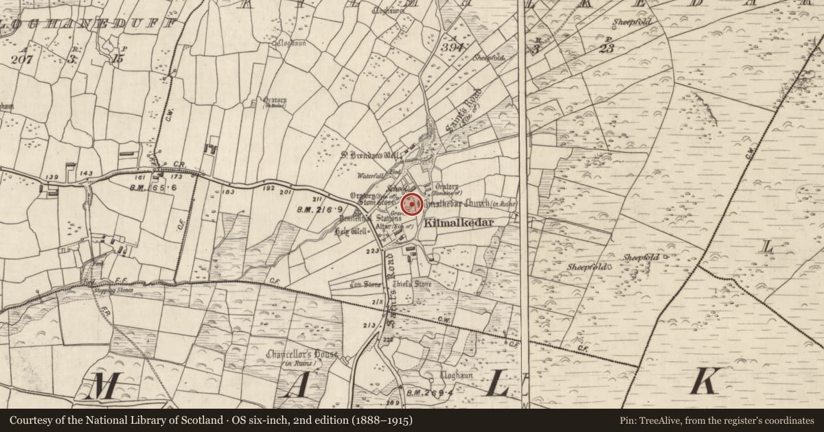Ordnance Survey six-inch map, 2nd edition (1888–1915) covering the location of Church, Cill Maoilchéadair, County Kerry, with a pin at the register's coordinates