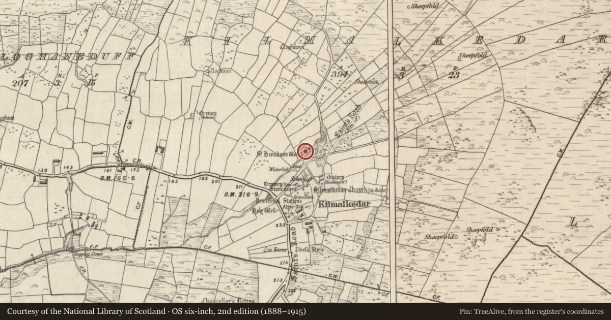 Ordnance Survey six-inch map, 2nd edition (1888–1915) covering the location of Building, Cill Maoilchéadair, County Kerry, with a pin at the register's coordinates