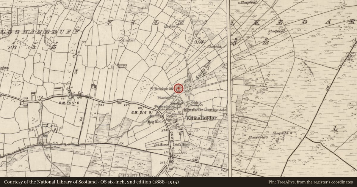 Ordnance Survey six-inch map, 2nd edition (1888–1915) covering the location of Ritual site - holy well, Cill Maoilchéadair, County Kerry, with a pin at the register's coordinates