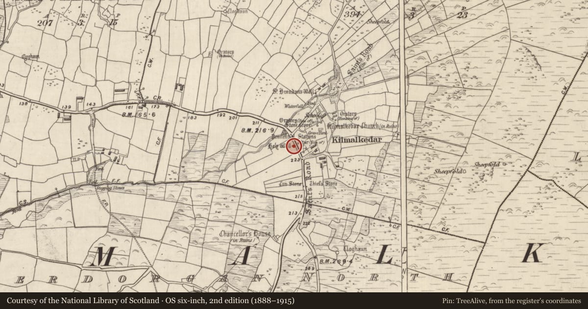 Ordnance Survey six-inch map, 2nd edition (1888–1915) covering the location of Cross-inscribed stone, Cill Maoilchéadair, County Kerry, with a pin at the register's coordinates
