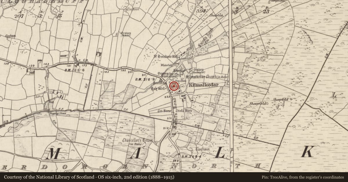 Ordnance Survey six-inch map, 2nd edition (1888–1915) covering the location of Clochan, Cill Maoilchéadair, County Kerry, with a pin at the register's coordinates