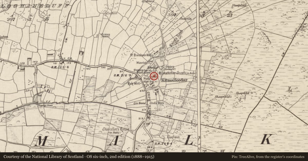 Ordnance Survey six-inch map, 2nd edition (1888–1915) covering the location of Graveyard, Cill Maoilchéadair, County Kerry, with a pin at the register's coordinates