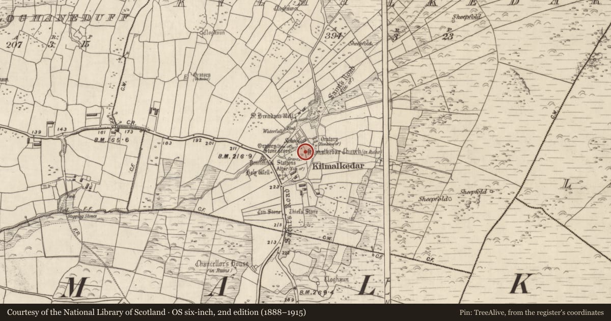 Ordnance Survey six-inch map, 2nd edition (1888–1915) covering the location of Architectural fragment, Cill Maoilchéadair, County Kerry, with a pin at the register's coordinates