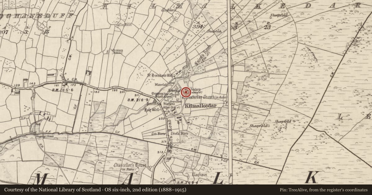 Ordnance Survey six-inch map, 2nd edition (1888–1915) covering the location of Church, Cill Maoilchéadair, County Kerry, with a pin at the register's coordinates