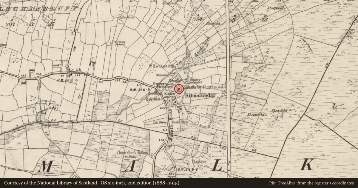 Ordnance Survey six-inch map, 2nd edition (1888–1915) covering the location of Architectural fragment, Cill Maoilchéadair, County Kerry, with a pin at the register's coordinates