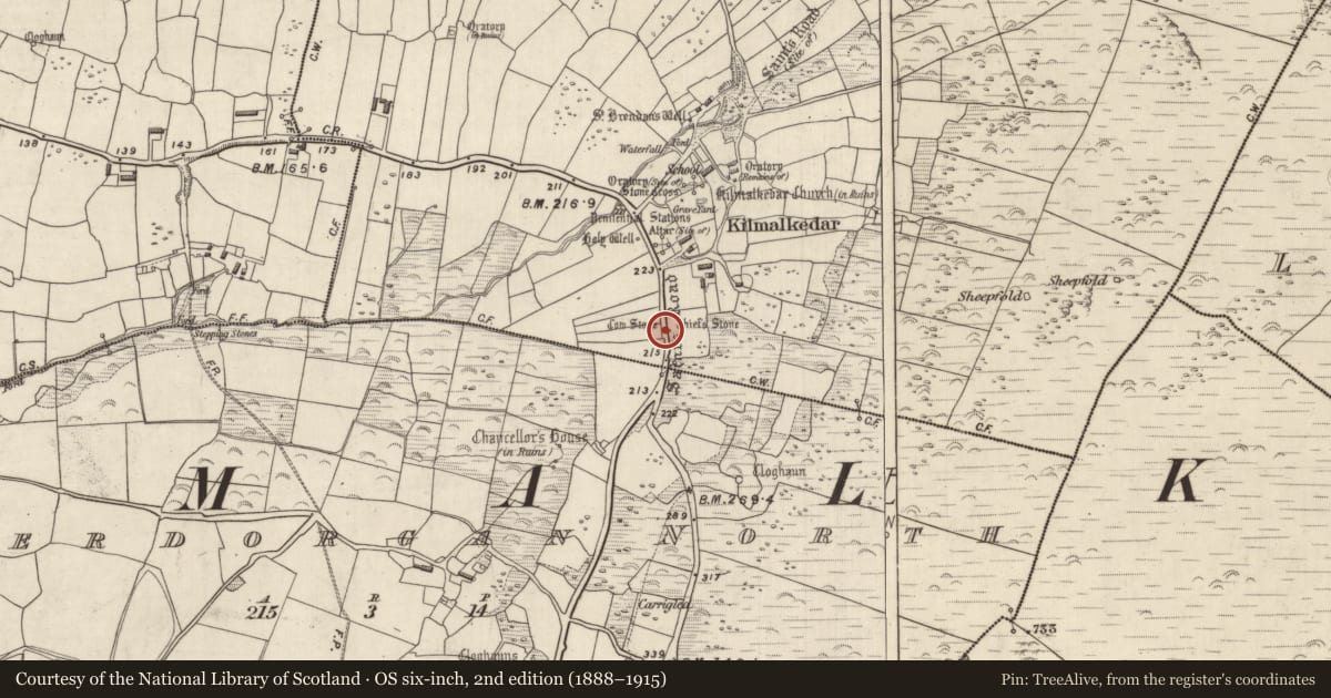 Ordnance Survey six-inch map, 2nd edition (1888–1915) covering the location of Standing stone, Cill Maoilchéadair, County Kerry, with a pin at the register's coordinates
