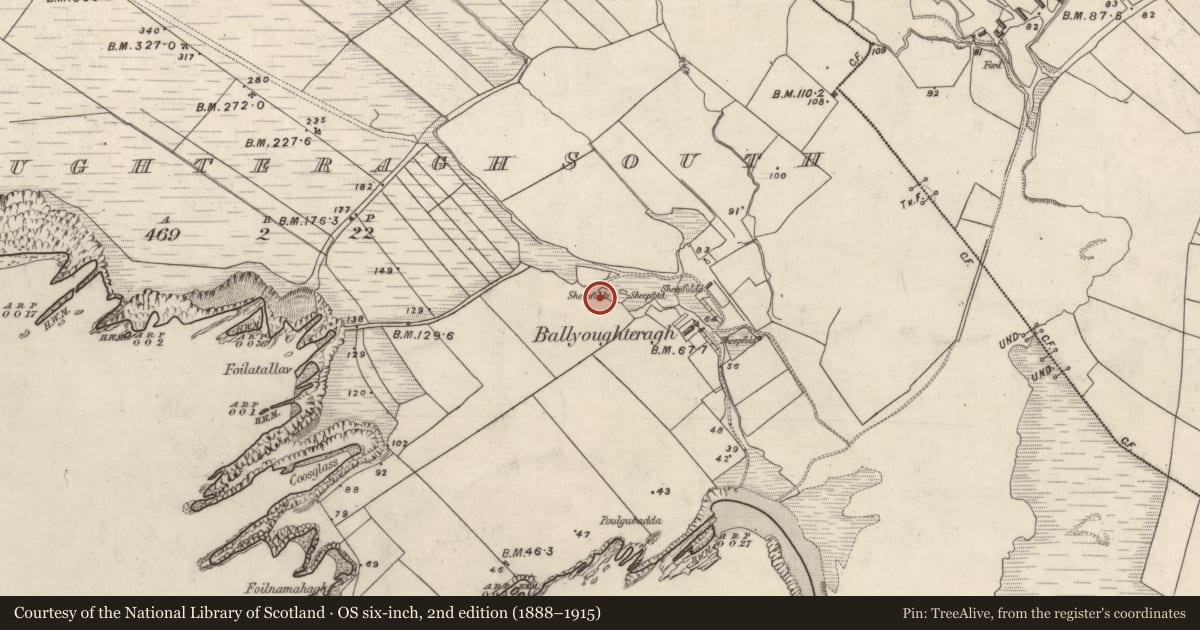 Ordnance Survey six-inch map, 2nd edition (1888–1915) covering the location of Clochan, An Baile Uachtarach Theas, County Kerry, with a pin at the register's coordinates