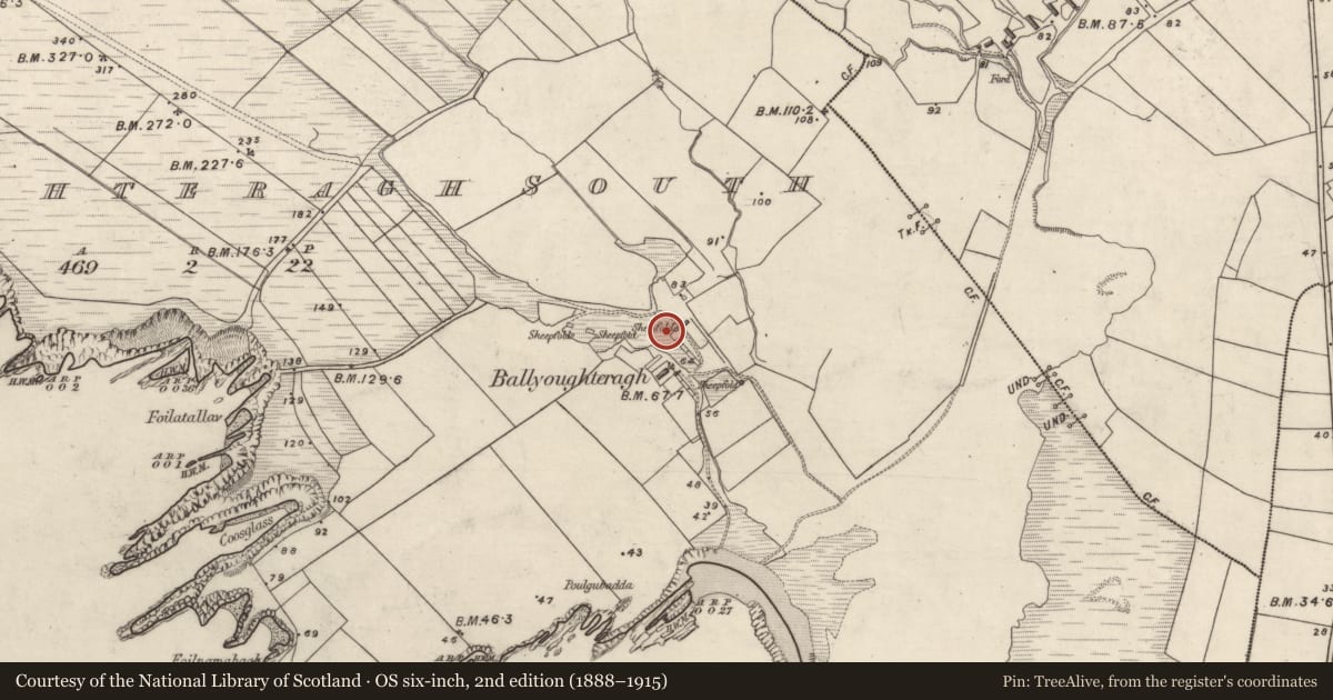 Ordnance Survey six-inch map, 2nd edition (1888–1915) covering the location of Hut site, An Baile Uachtarach Theas, County Kerry, with a pin at the register's coordinates