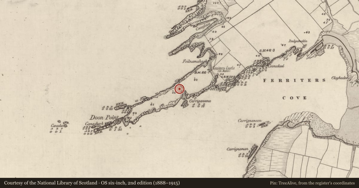 Ordnance Survey six-inch map, 2nd edition (1888–1915) covering the location of Promontory fort - coastal, An Baile Uachtarach Theas, County Kerry, with a pin at the register's coordinates