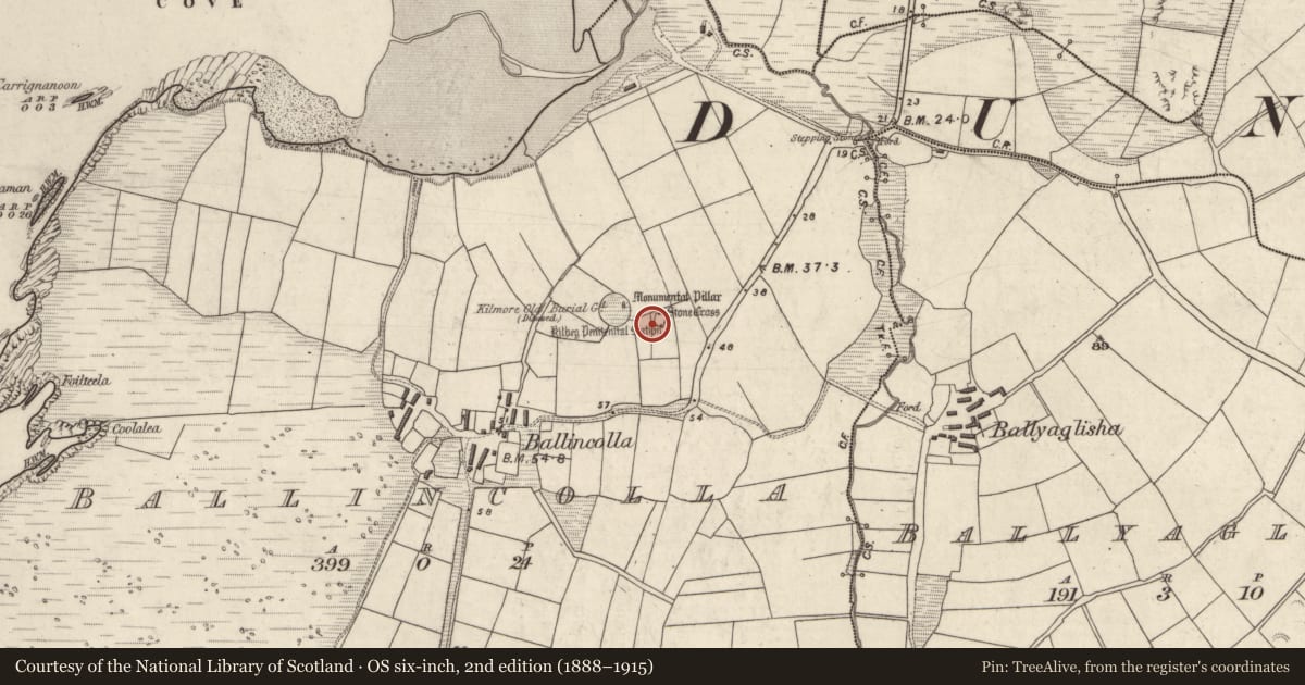 Ordnance Survey six-inch map, 2nd edition (1888–1915) covering the location of Penitential station, Baile An Chalaidh, County Kerry, with a pin at the register's coordinates