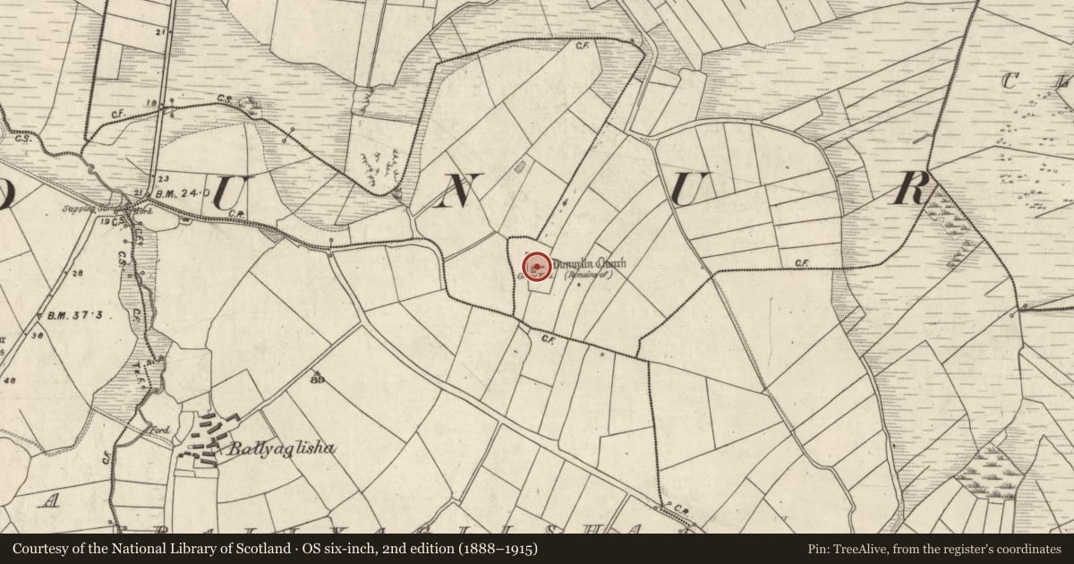 Ordnance Survey six-inch map, 2nd edition (1888–1915) covering the location of Church, An Gorta Dubha, County Kerry, with a pin at the register's coordinates
