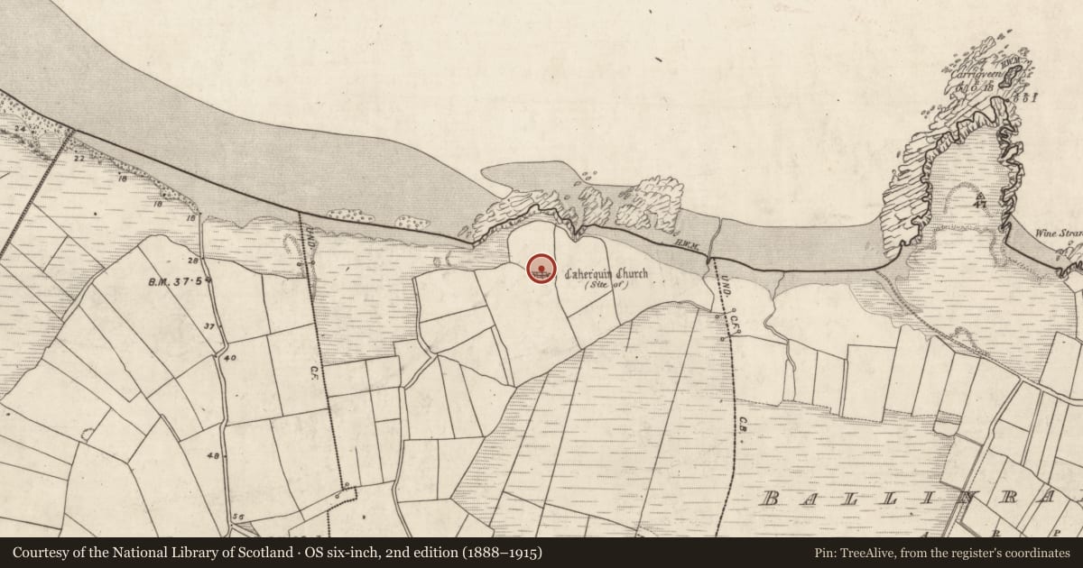 Ordnance Survey six-inch map, 2nd edition (1888–1915) covering the location of Church, Cathair Coinn, County Kerry, with a pin at the register's coordinates