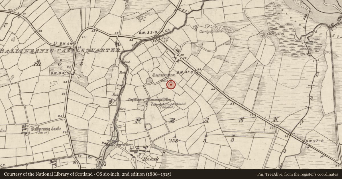 Ordnance Survey six-inch map, 2nd edition (1888–1915) covering the location of Standing stone - pair, An Riasc, County Kerry, with a pin at the register's coordinates