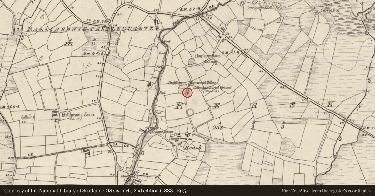 Ordnance Survey six-inch map, 2nd edition (1888–1915) covering the location of Burial ground, An Riasc, County Kerry, with a pin at the register's coordinates