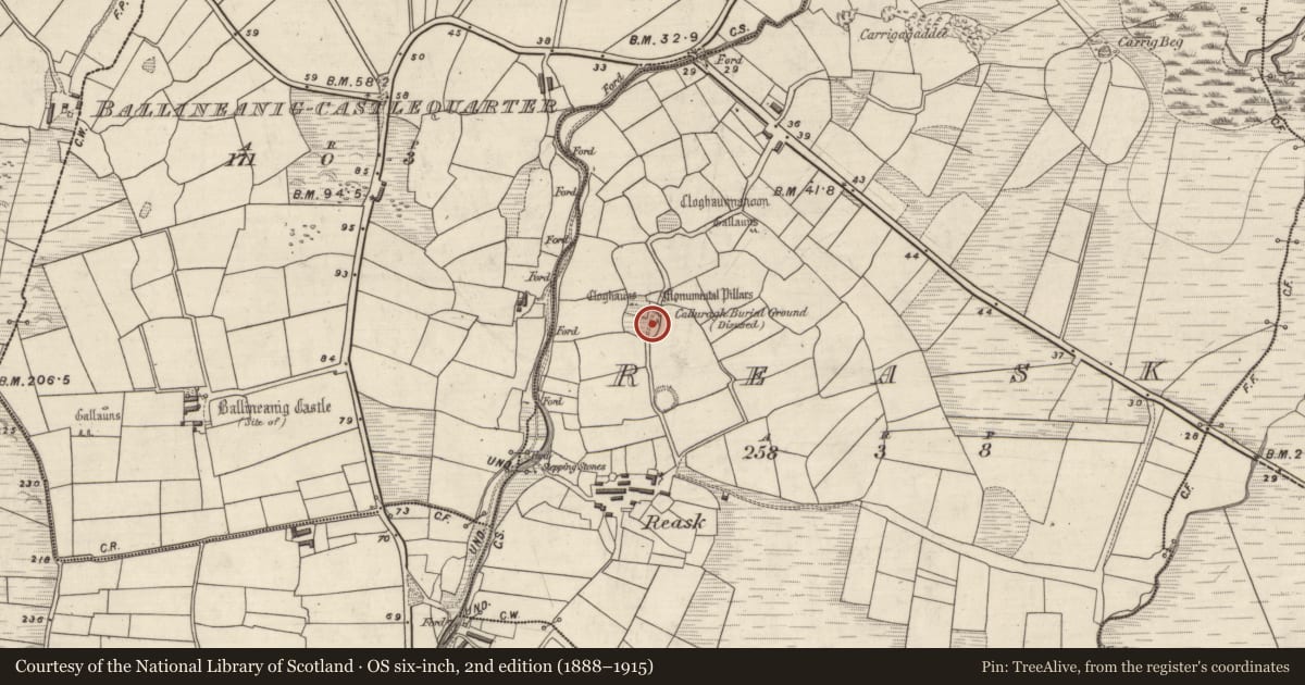 Ordnance Survey six-inch map, 2nd edition (1888–1915) covering the location of Shrine, An Riasc, County Kerry, with a pin at the register's coordinates