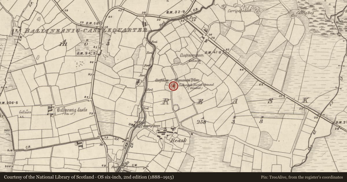Ordnance Survey six-inch map, 2nd edition (1888–1915) covering the location of Church, An Riasc, County Kerry, with a pin at the register's coordinates