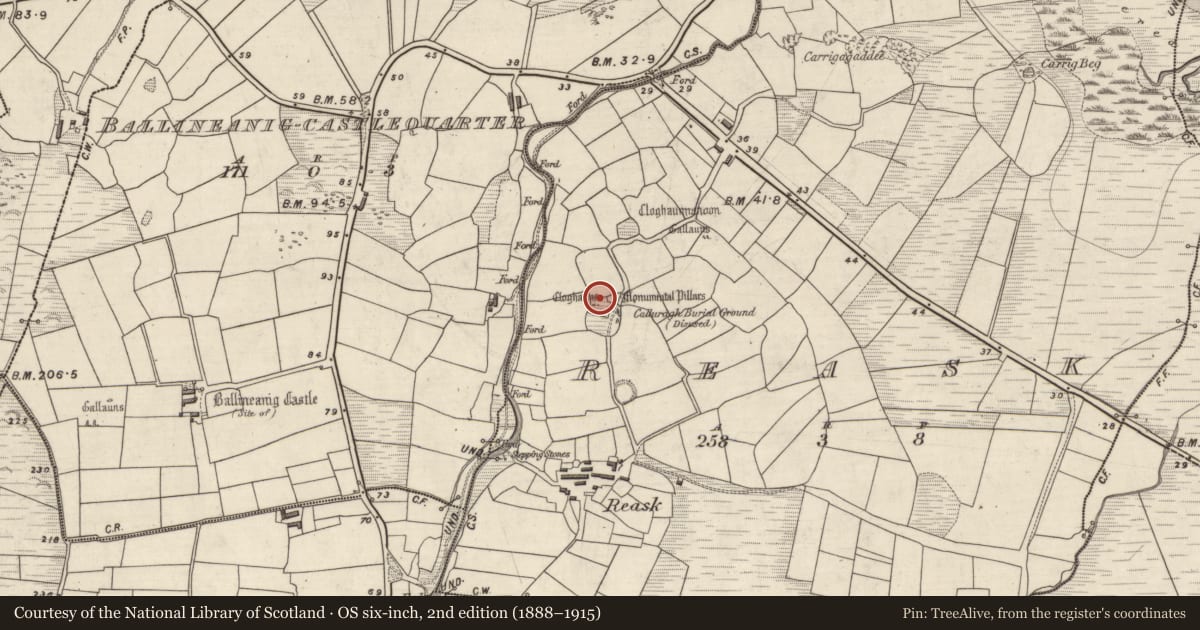 Ordnance Survey six-inch map, 2nd edition (1888–1915) covering the location of Clochan, An Riasc, County Kerry, with a pin at the register's coordinates