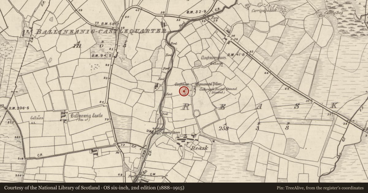 Ordnance Survey six-inch map, 2nd edition (1888–1915) covering the location of Kiln - corn-drying, An Riasc, County Kerry, with a pin at the register's coordinates