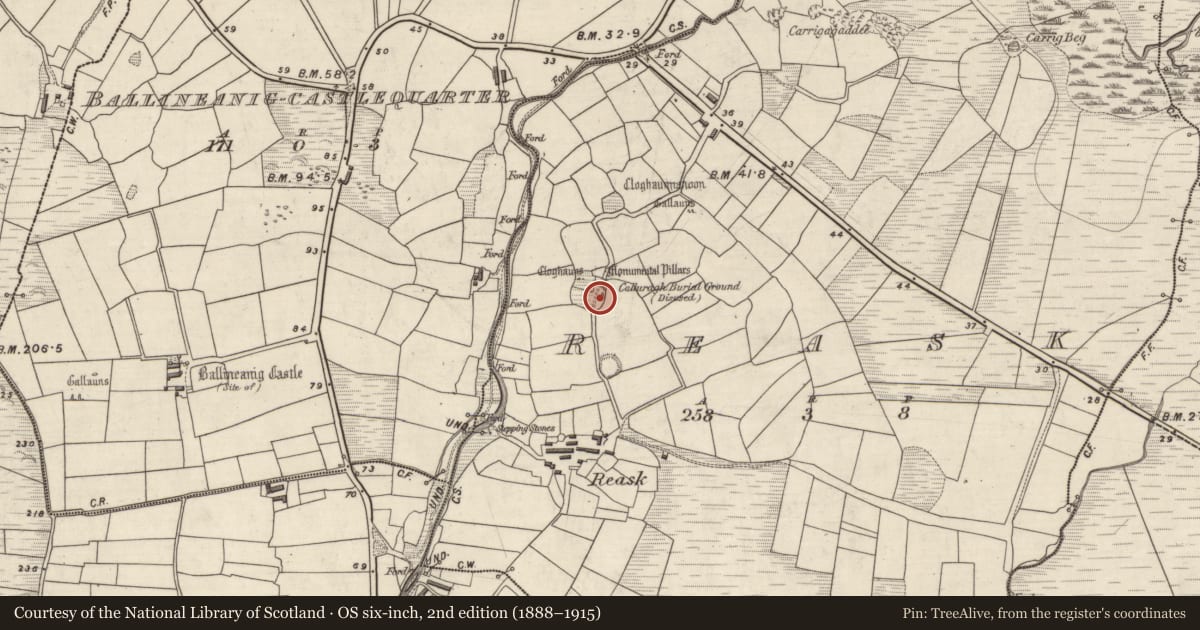 Ordnance Survey six-inch map, 2nd edition (1888–1915) covering the location of Children's burial ground, An Riasc, County Kerry, with a pin at the register's coordinates