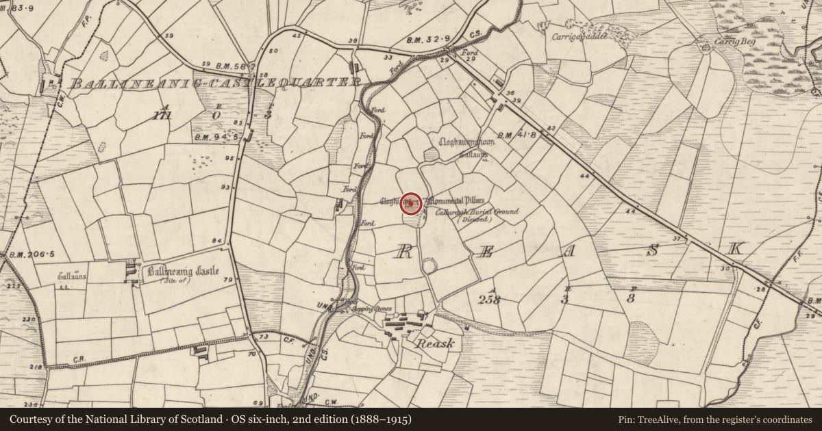 Ordnance Survey six-inch map, 2nd edition (1888–1915) covering the location of Clochan, An Riasc, County Kerry, with a pin at the register's coordinates