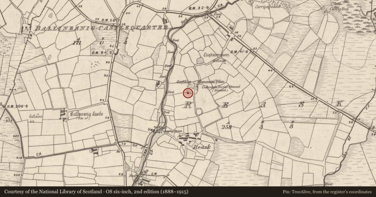 Ordnance Survey six-inch map, 2nd edition (1888–1915) covering the location of Clochan, An Riasc, County Kerry, with a pin at the register's coordinates