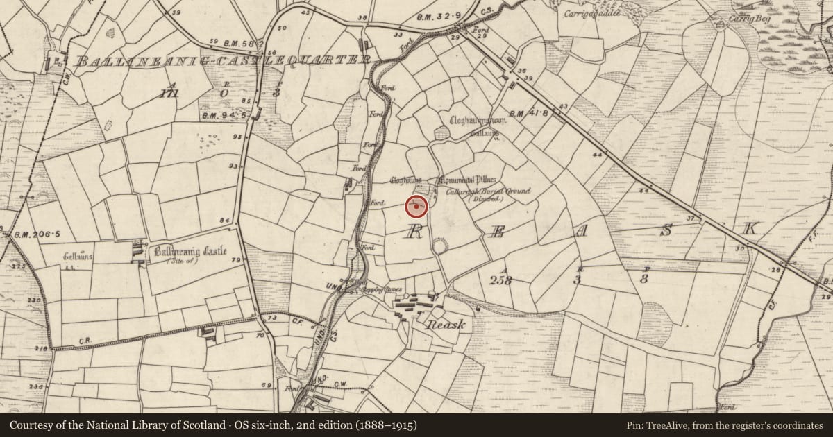 Ordnance Survey six-inch map, 2nd edition (1888–1915) covering the location of Clochan, An Riasc, County Kerry, with a pin at the register's coordinates