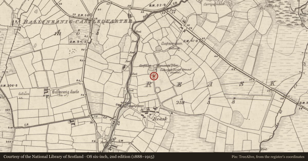 Ordnance Survey six-inch map, 2nd edition (1888–1915) covering the location of Clochan, An Riasc, County Kerry, with a pin at the register's coordinates