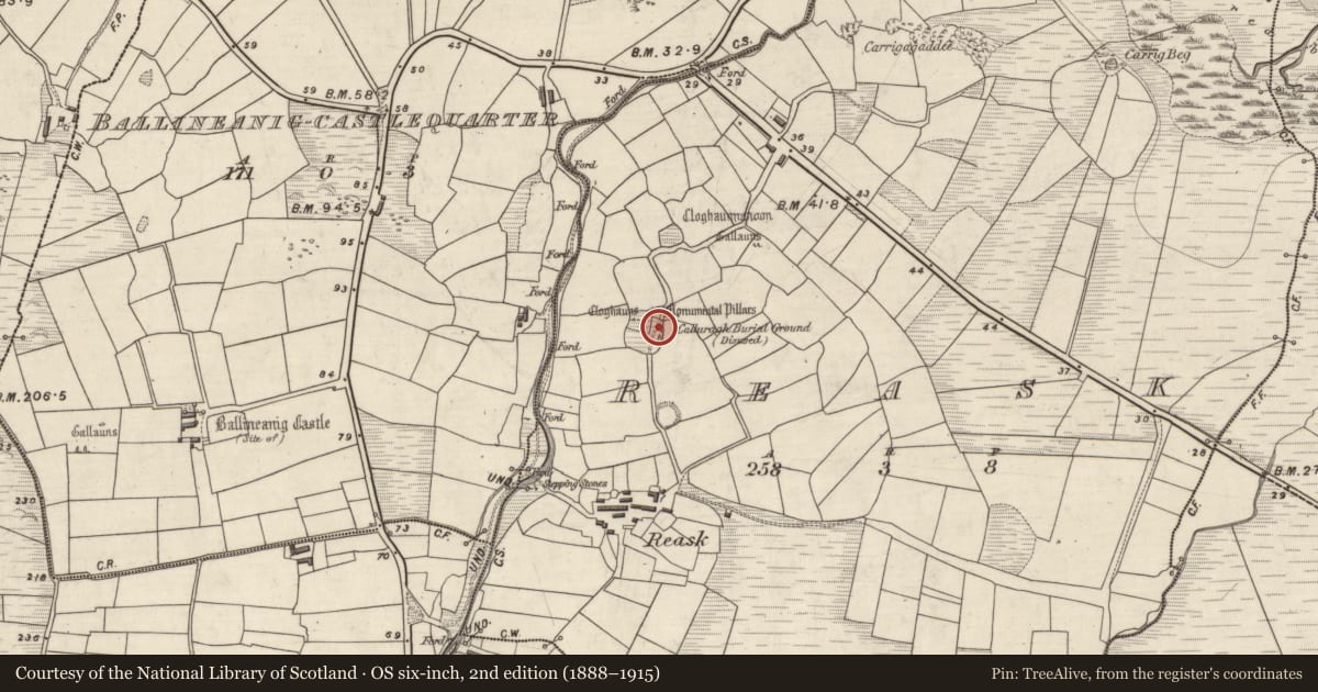 Ordnance Survey six-inch map, 2nd edition (1888–1915) covering the location of Clochan, An Riasc, County Kerry, with a pin at the register's coordinates