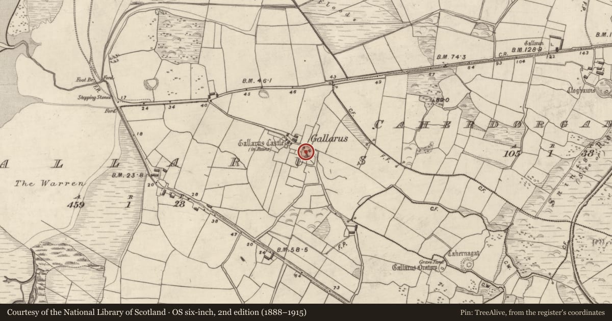 Ordnance Survey six-inch map, 2nd edition (1888–1915) covering the location of Clochan, Gallaras, County Kerry, with a pin at the register's coordinates