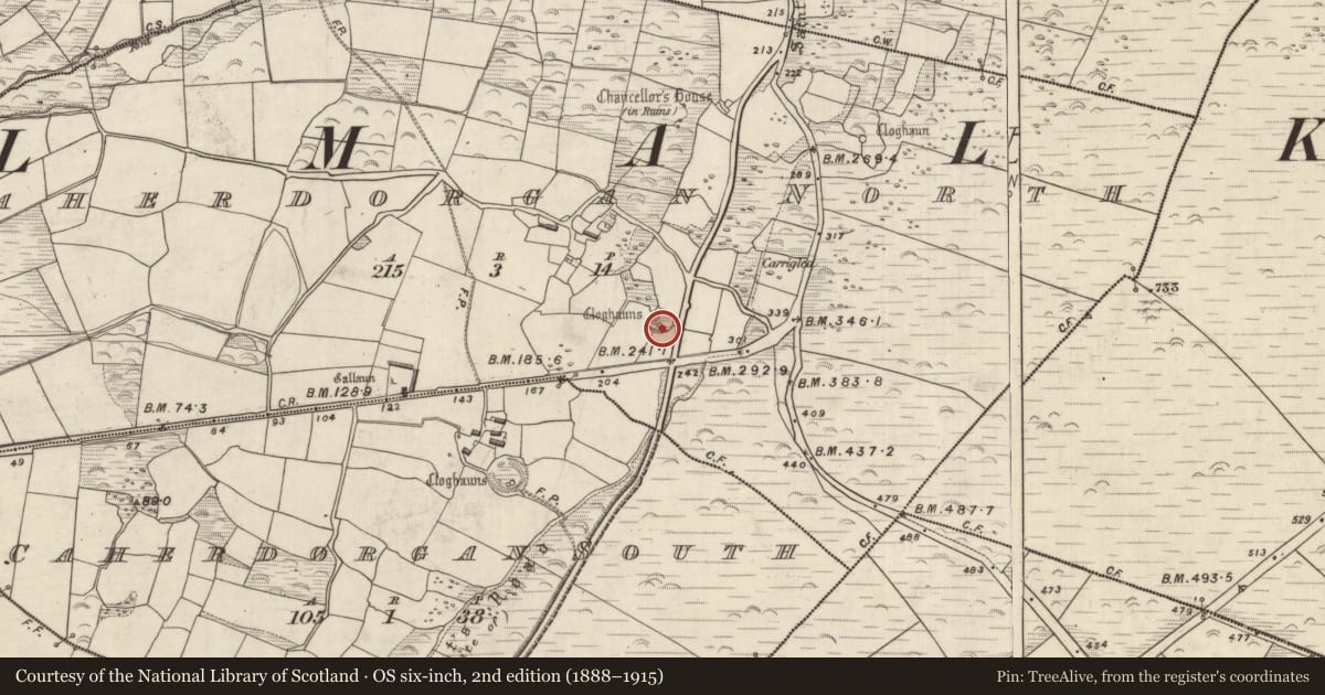 Ordnance Survey six-inch map, 2nd edition (1888–1915) covering the location of Souterrain, Cathair Deargáin Thuaidh, County Kerry, with a pin at the register's coordinates