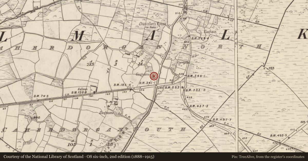 Ordnance Survey six-inch map, 2nd edition (1888–1915) covering the location of Clochan, Cathair Deargáin Thuaidh, County Kerry, with a pin at the register's coordinates
