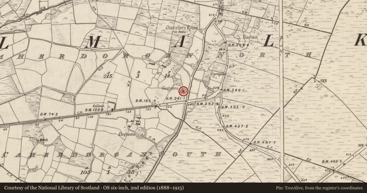 Ordnance Survey six-inch map, 2nd edition (1888–1915) covering the location of Clochan, Cathair Deargáin Thuaidh, County Kerry, with a pin at the register's coordinates