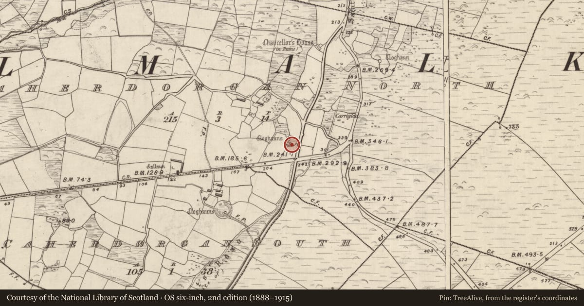 Ordnance Survey six-inch map, 2nd edition (1888–1915) covering the location of Clochan, Cathair Deargáin Thuaidh, County Kerry, with a pin at the register's coordinates