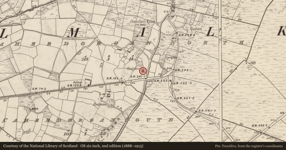 Ordnance Survey six-inch map, 2nd edition (1888–1915) covering the location of Clochan, Cathair Deargáin Thuaidh, County Kerry, with a pin at the register's coordinates
