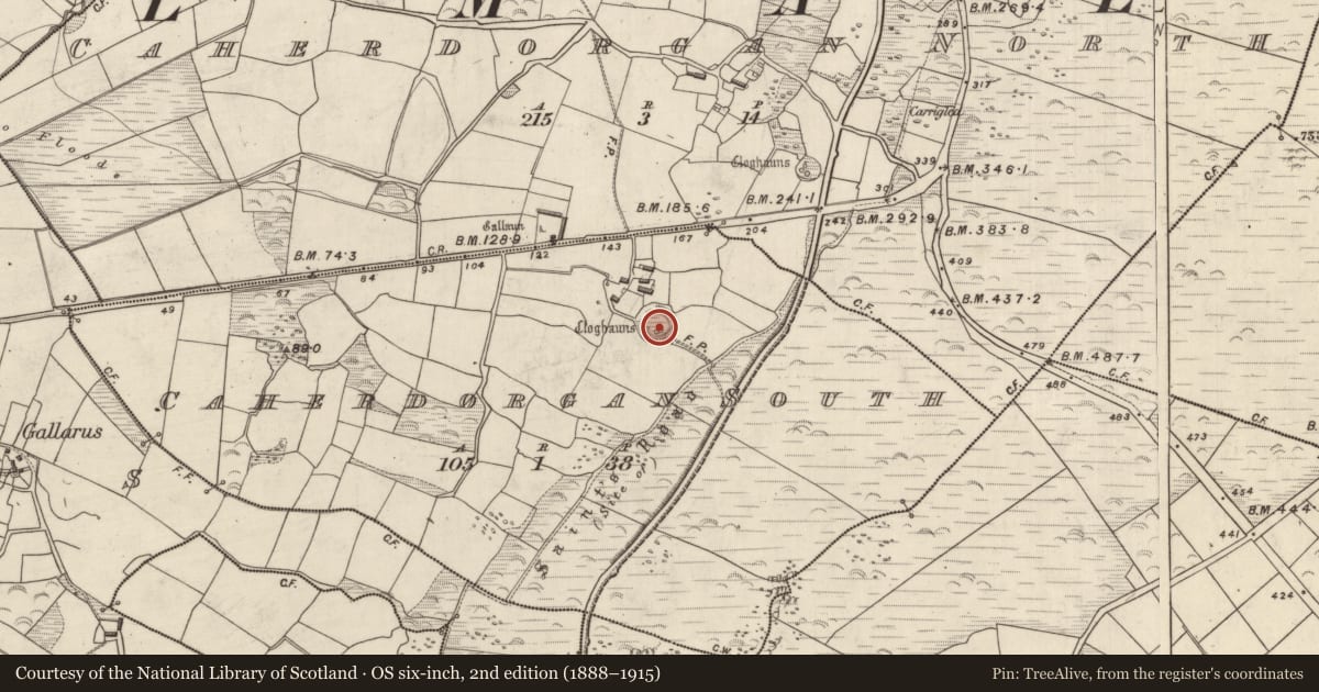 Ordnance Survey six-inch map, 2nd edition (1888–1915) covering the location of Souterrain, Cathair Deargáin Theas, County Kerry, with a pin at the register's coordinates