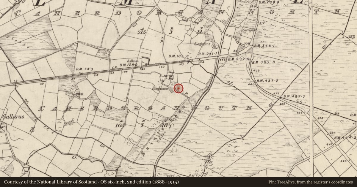 Ordnance Survey six-inch map, 2nd edition (1888–1915) covering the location of Hut site, Cathair Deargáin Theas, County Kerry, with a pin at the register's coordinates