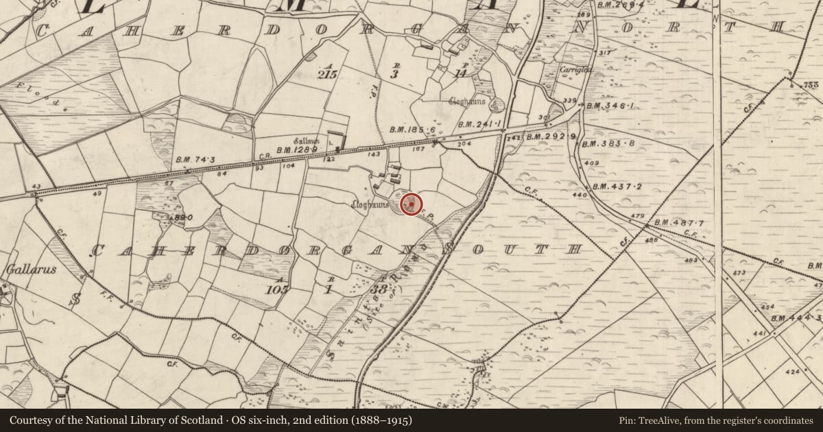 Ordnance Survey six-inch map, 2nd edition (1888–1915) covering the location of Hut site, Cathair Deargáin Theas, County Kerry, with a pin at the register's coordinates