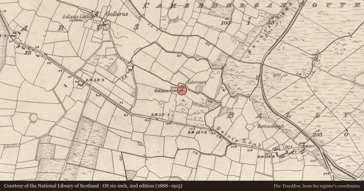 Ordnance Survey six-inch map, 2nd edition (1888–1915) covering the location of Ecclesiastical enclosure, Gallaras, County Kerry, with a pin at the register's coordinates