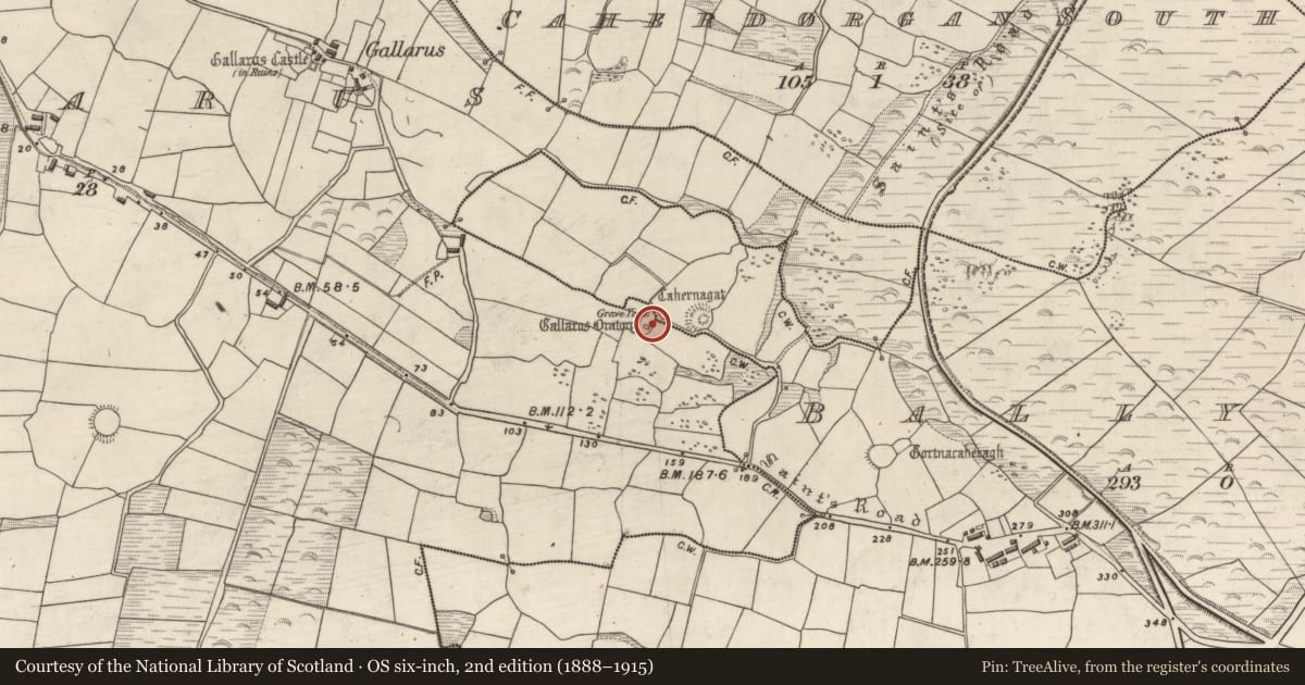 Ordnance Survey six-inch map, 2nd edition (1888–1915) covering the location of Cross-slab, Gallaras, County Kerry, with a pin at the register's coordinates