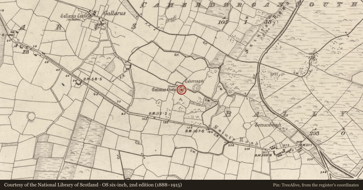 Ordnance Survey six-inch map, 2nd edition (1888–1915) covering the location of Church, Gallaras, County Kerry, with a pin at the register's coordinates